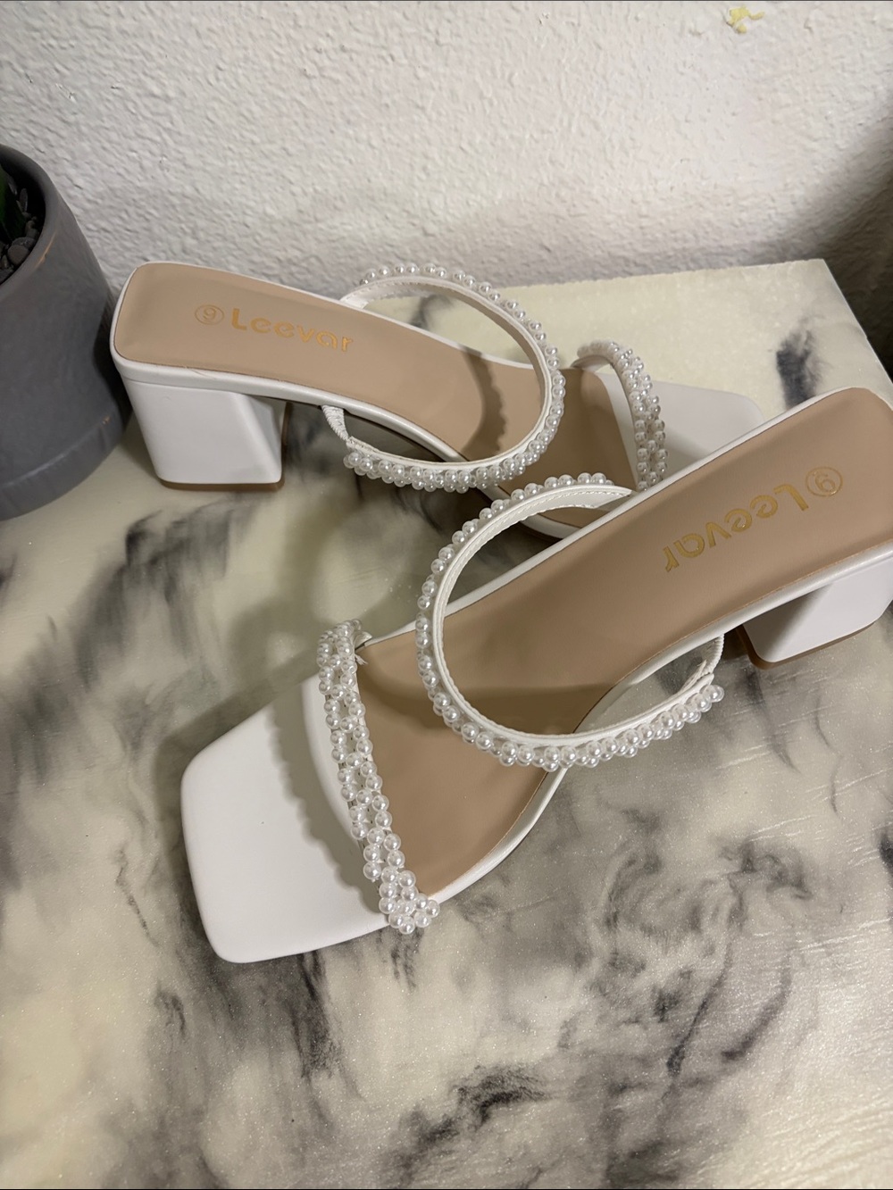 Women's White Pearl-Strap Block Heel Sandals